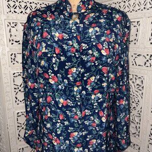 Vintage Floral Navy Blouse with Nehru Collar